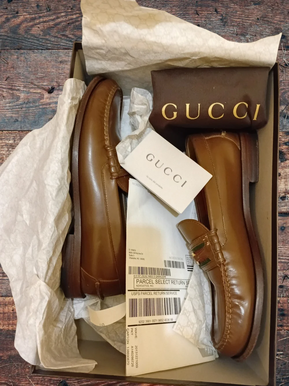 Gucci Tan Leather Loafers with Green and Red Stripe and Gold Hardware